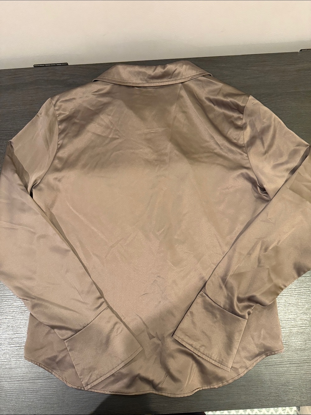 Satin Split Front Wild Fable Button-Front Blouse in Taupe - Picture 2 of 2
